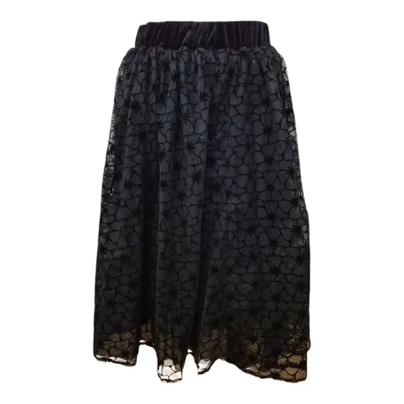 NWT Draper James RSVP Women's Skirt Medium Black Floral Velvet Overlay A-Line Mi - Picture 2 of 5